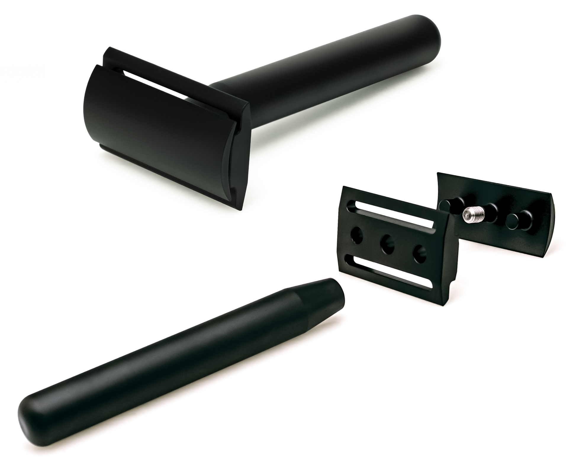 The Standard Razors - Aluminum Series - Double Edge Safety Razor (Deep Black) is shown disassembled into handle, top cap, and base plate on a white background. Made from aircraft grade aluminum by Standard Razors, it offers durable, precise unisex shaving.