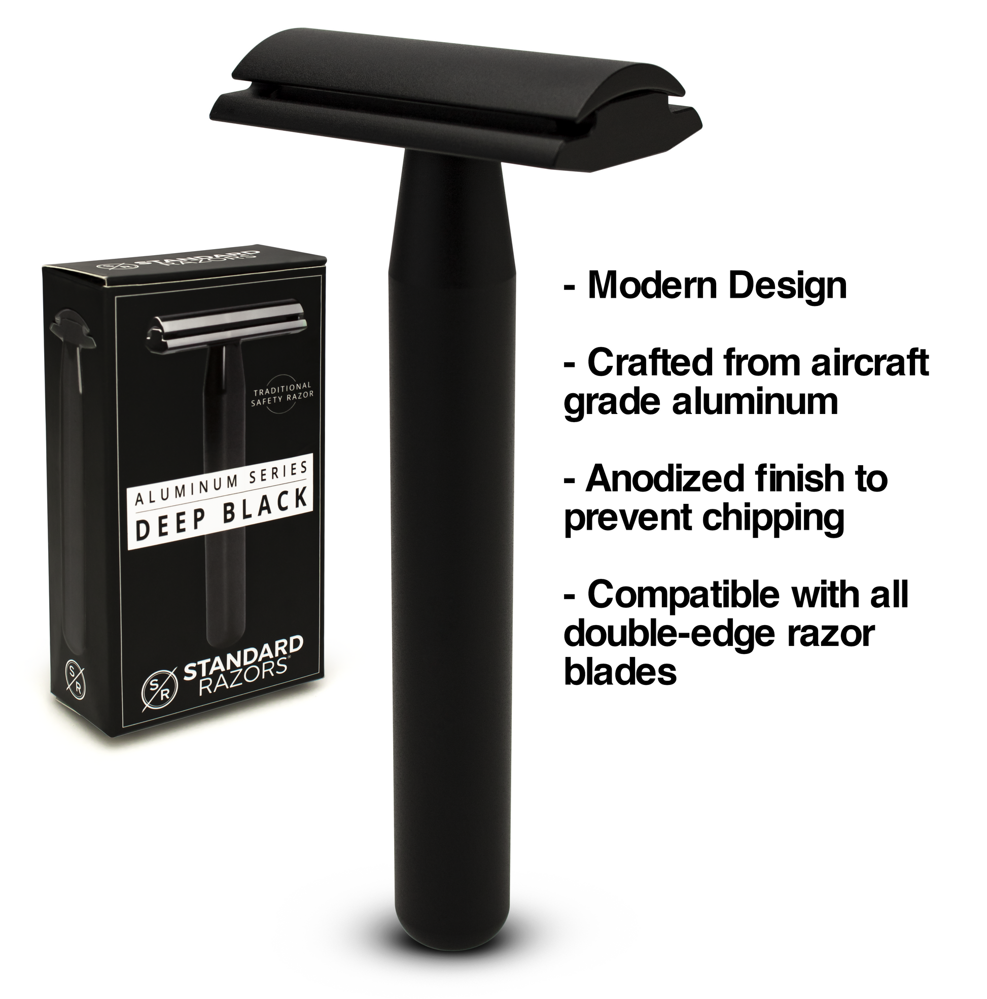 Experience a seamless, unisex shave with the Standard Razors Aluminum Series Double Edge Safety Razor (Deep Black)—crafted from aircraft-grade aluminum, featuring a modern anodized matte black finish and universal blade compatibility.