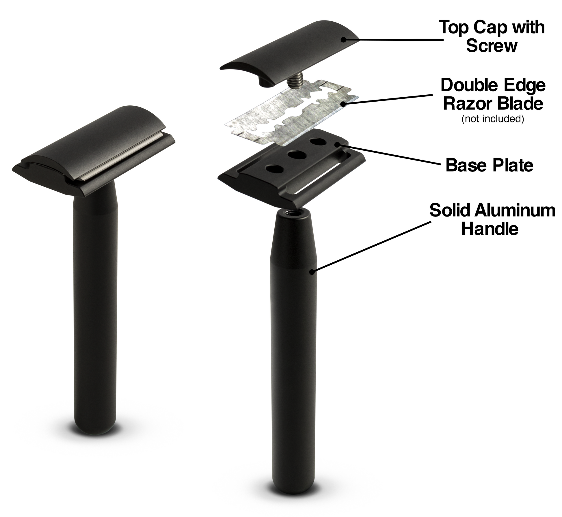 Exploded view of the Standard Razors Aluminum Series Double Edge Safety Razor (Deep Black) shows labeled parts: top cap with screw, base plate, solid aircraft-grade aluminum handle. Razor blade not included. Brand: Standard Razors.