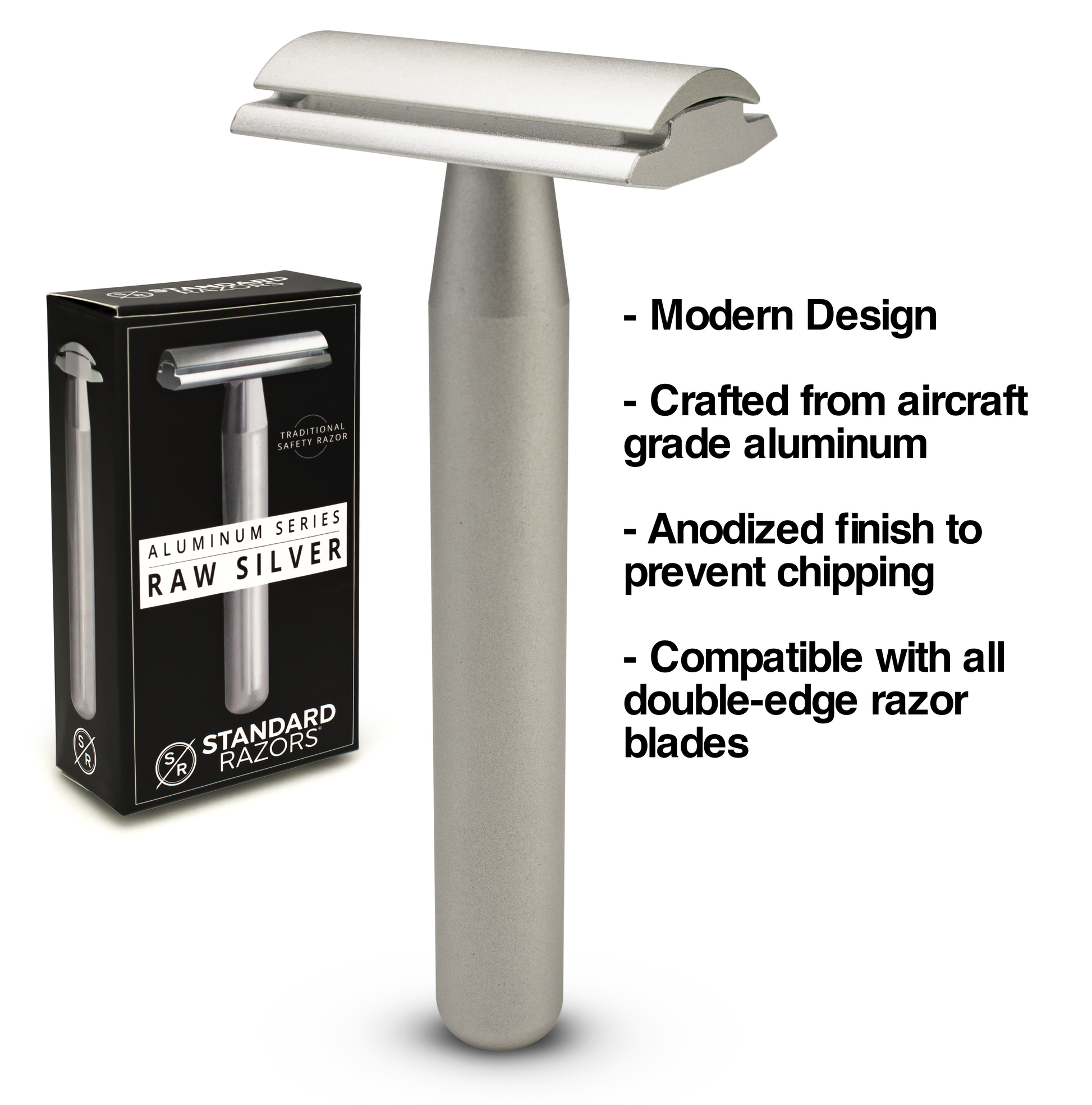 The Standard Razors - Aluminum Series Double Edge Safety Razor (Raw Silver) by Standard Razors stands upright beside its black retail box, highlighting features for a precise, unisex shave.
