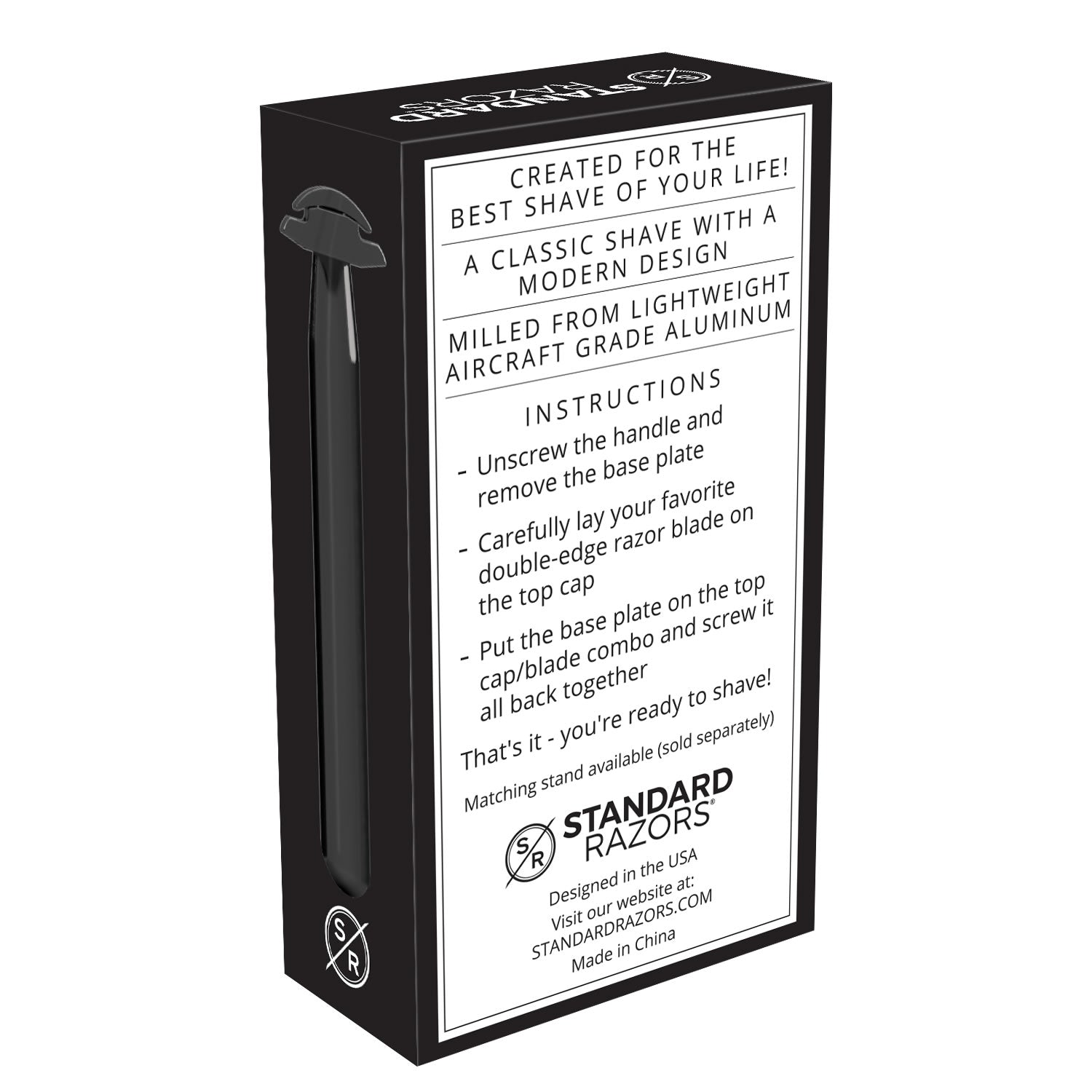 Black box packaging for the Standard Razors - Aluminum Series - Double Edge Safety Razor (Deep Black), featuring instructions, product highlights, and Standard Razors branding. Made from aircraft-grade aluminum for durability and precision.