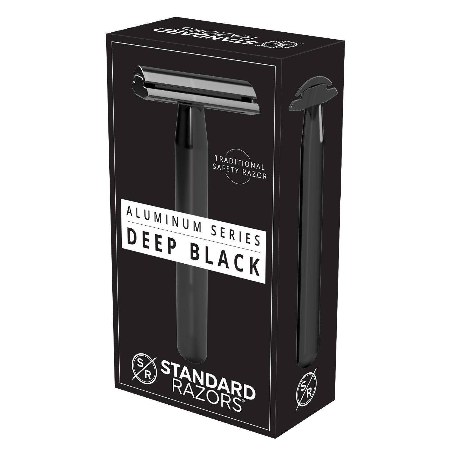 Black box packaging for the Standard Razors - Aluminum Series - Double Edge Safety Razor (Deep Black), displaying images and Standard Razors branding on the front and sides.