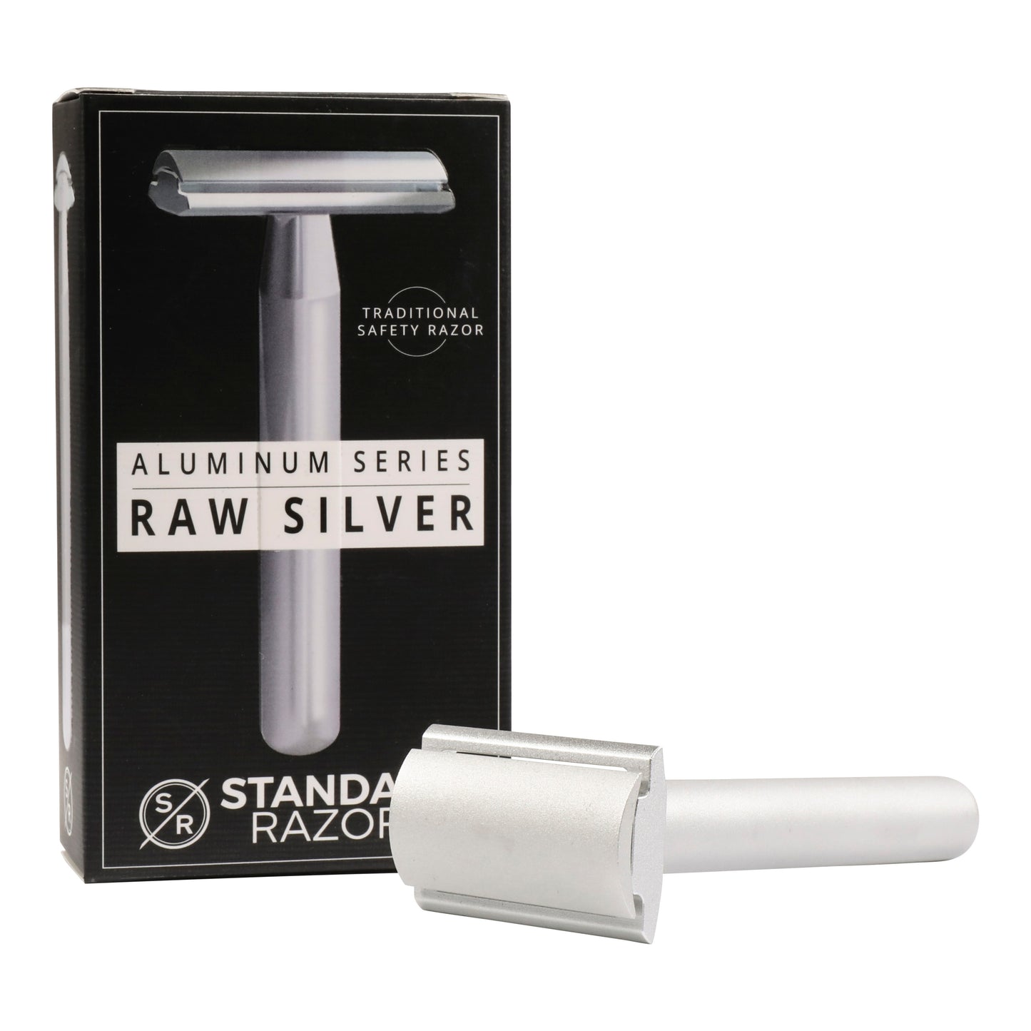 The Standard Razors - Aluminum Series - Double Edge Safety Razor (Raw Silver) is shown before its black box. This sleek aluminum razor by Standard Razors offers a precise, smooth shave suitable for everyone.