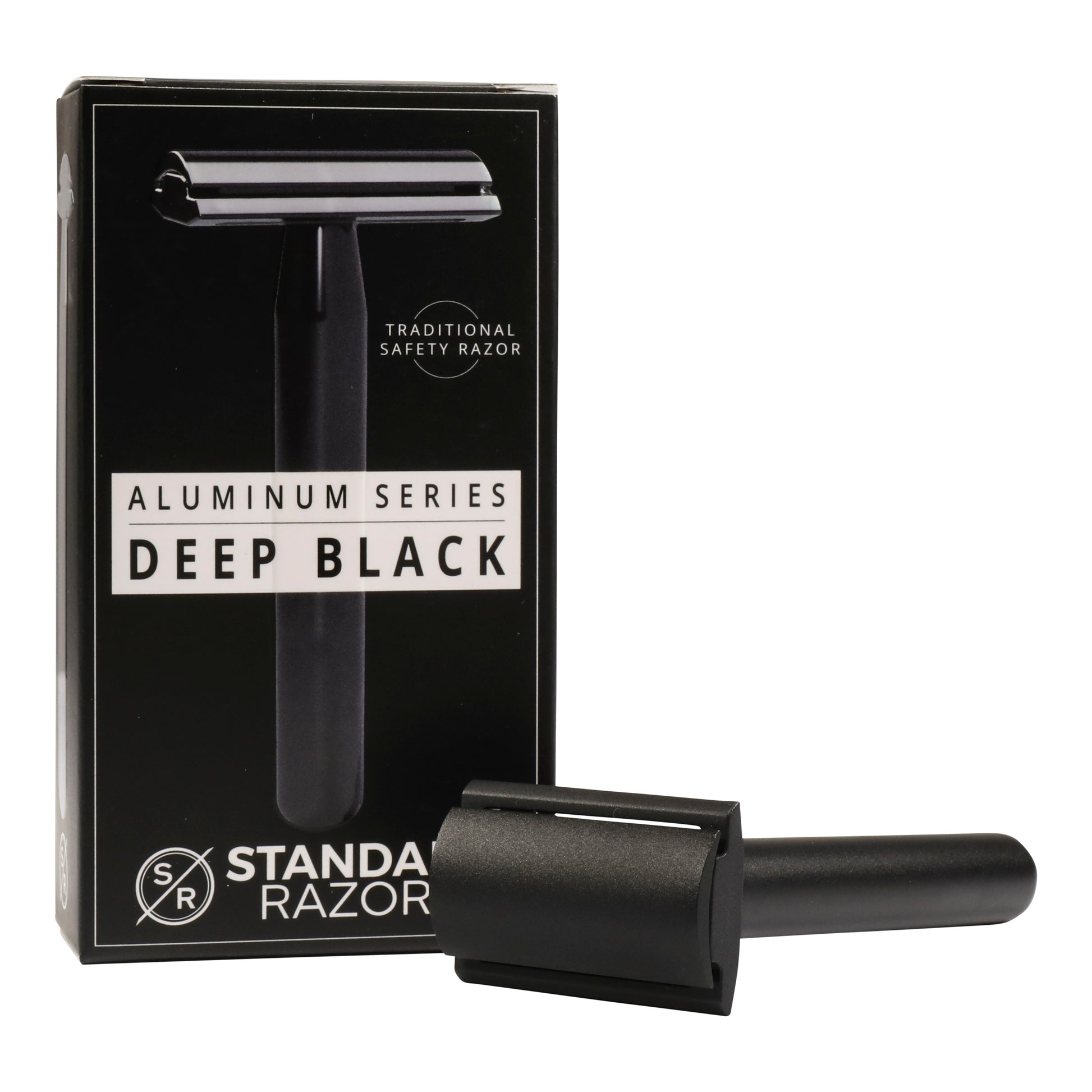 The Standard Razors - Aluminum Series Double Edge Safety Razor (Deep Black), displayed with its packaging, is a unisex shaving razor made from aircraft grade aluminum for durability and precision.