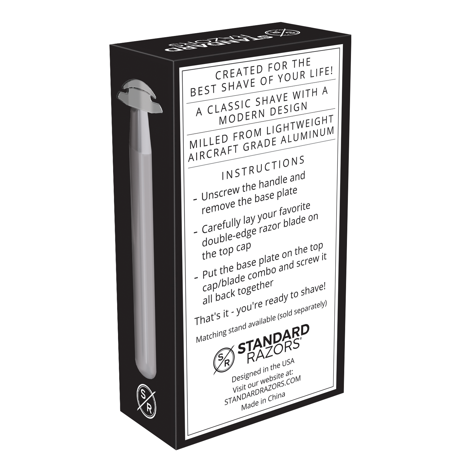Black and white box for Standard Razors - Aluminum Series - Double Edge Safety Razor (Raw Silver), featuring the product image, instructions, and Standard Razors company details on the side panel.