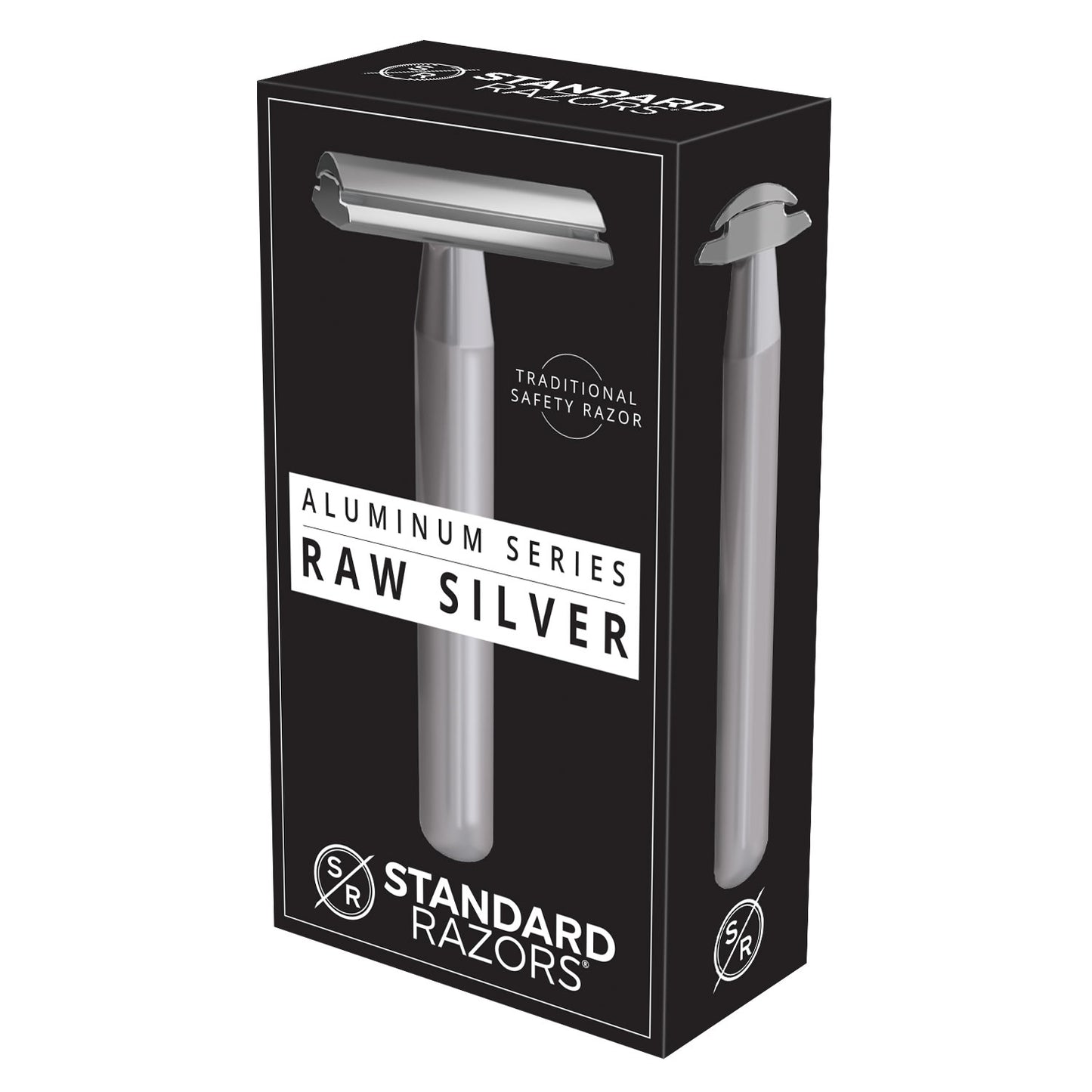 Standard Razors Aluminum Series Double Edge Safety Razor in Raw Silver, with packaging displaying the unisex razor.