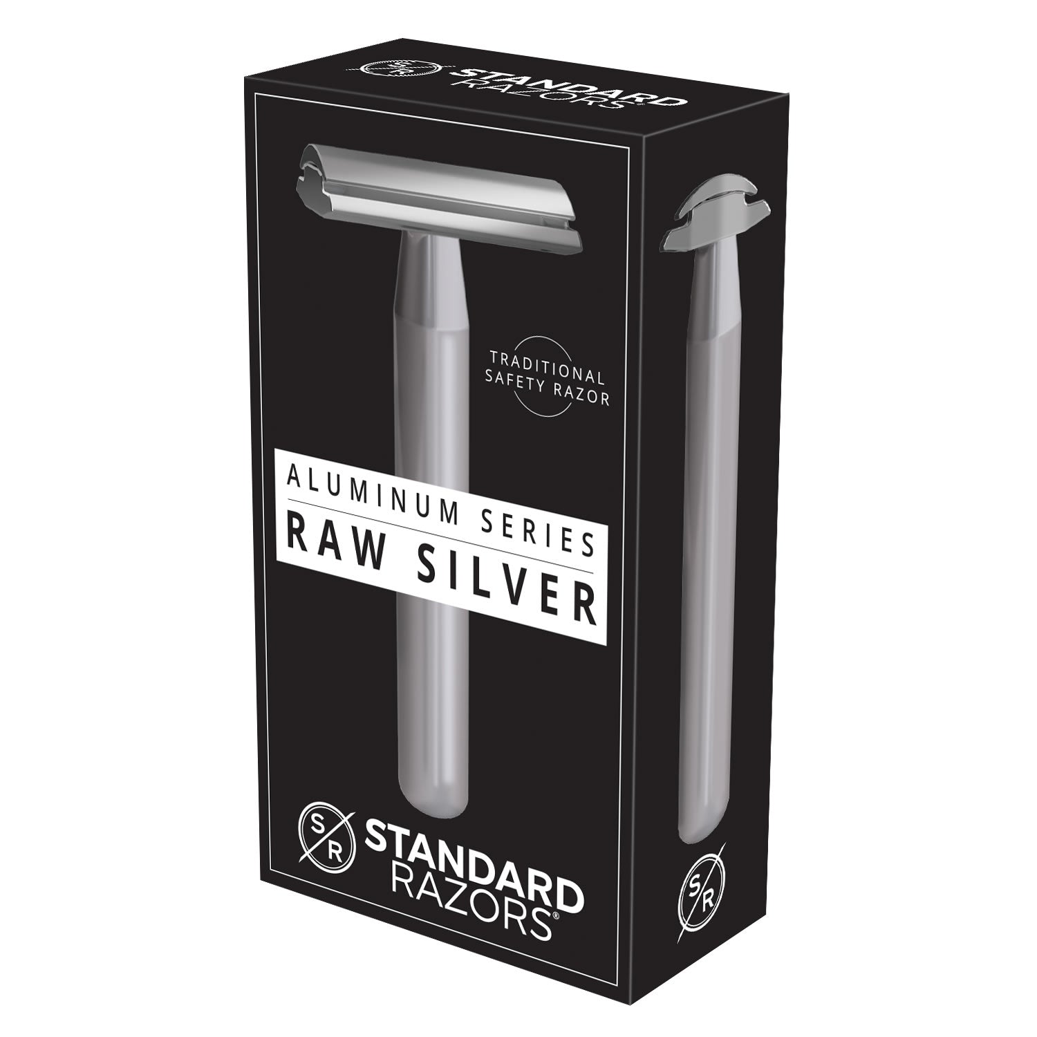 Standard Razors Aluminum Series Double Edge Safety Razor in Raw Silver, with packaging displaying the unisex razor.