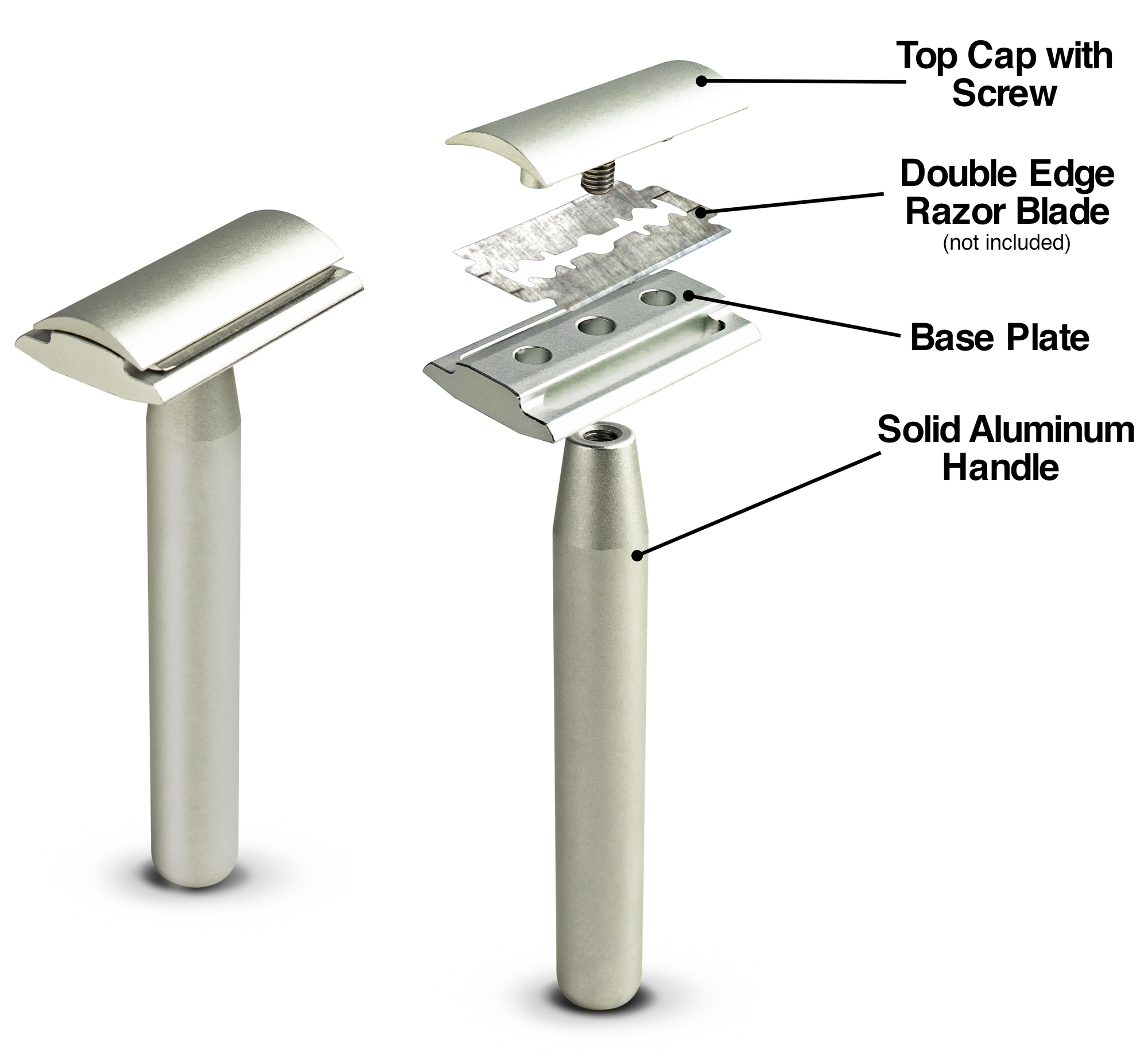 Exploded diagram of the razor labelling the top cap with screw, the double edge razor blade (not included), the base plate, and the solid aluminum handle